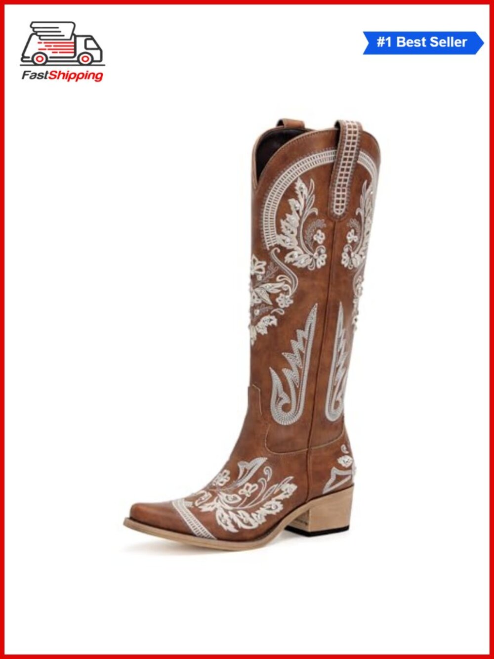 โจ Western Cowboy Boots Rhinestone Knee High Snip Toe Faux Leather